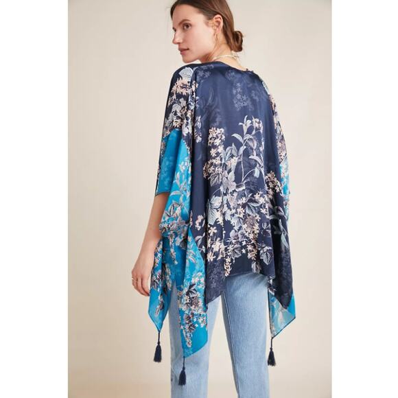 Kachel Anthropologie Jamie Kimono One Size Blue Floral Tassel Boho Resort Duster - Picture 2 of 14